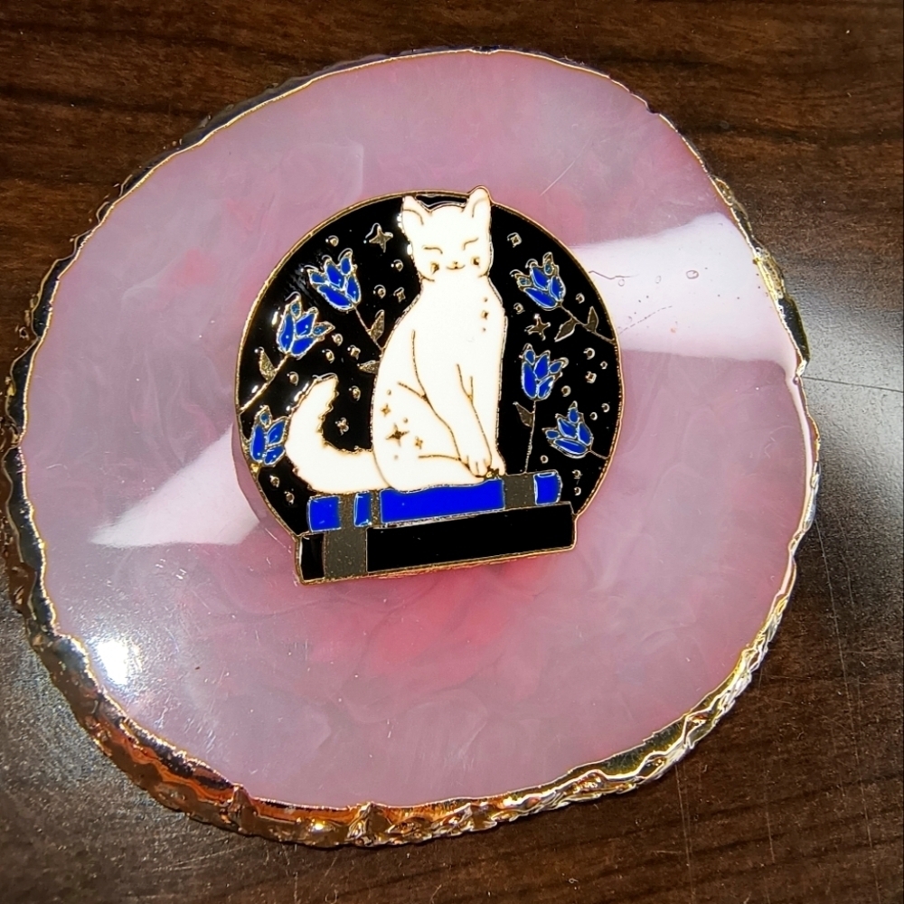 Elegant Cat Enamel Pin on Pink Agate